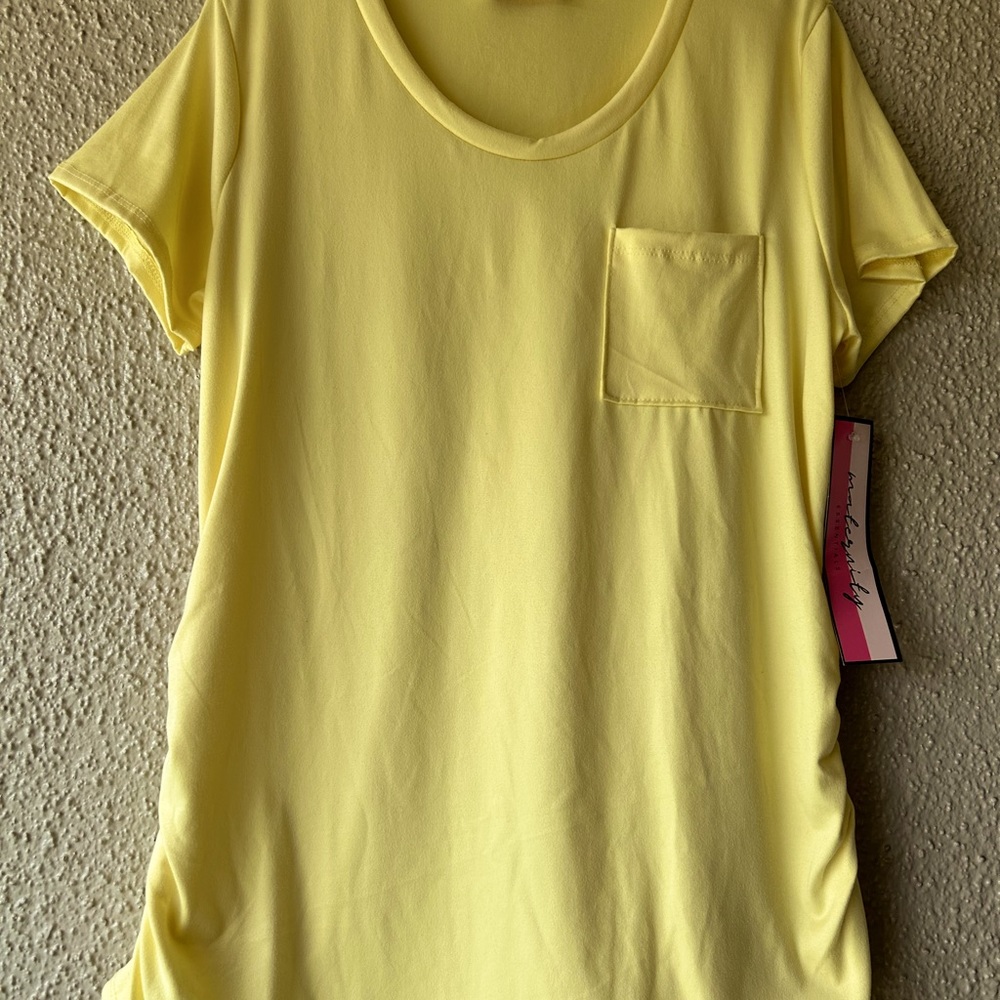 Ragdoll Yellow Maternity Top Ruched Waist both sides pocket on front large NWT